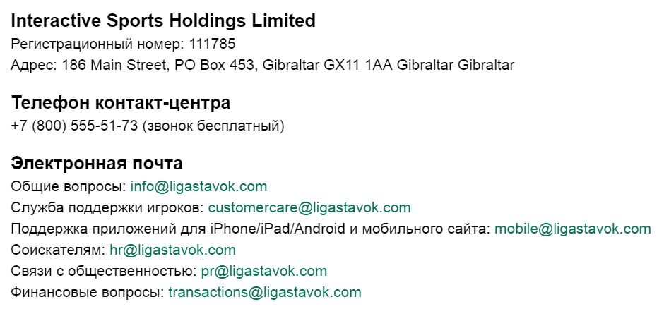 Контакты саппорта