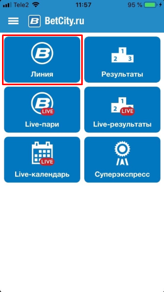 Интерфейс линии в приложении БК Бетсити для iPhone (iOS)