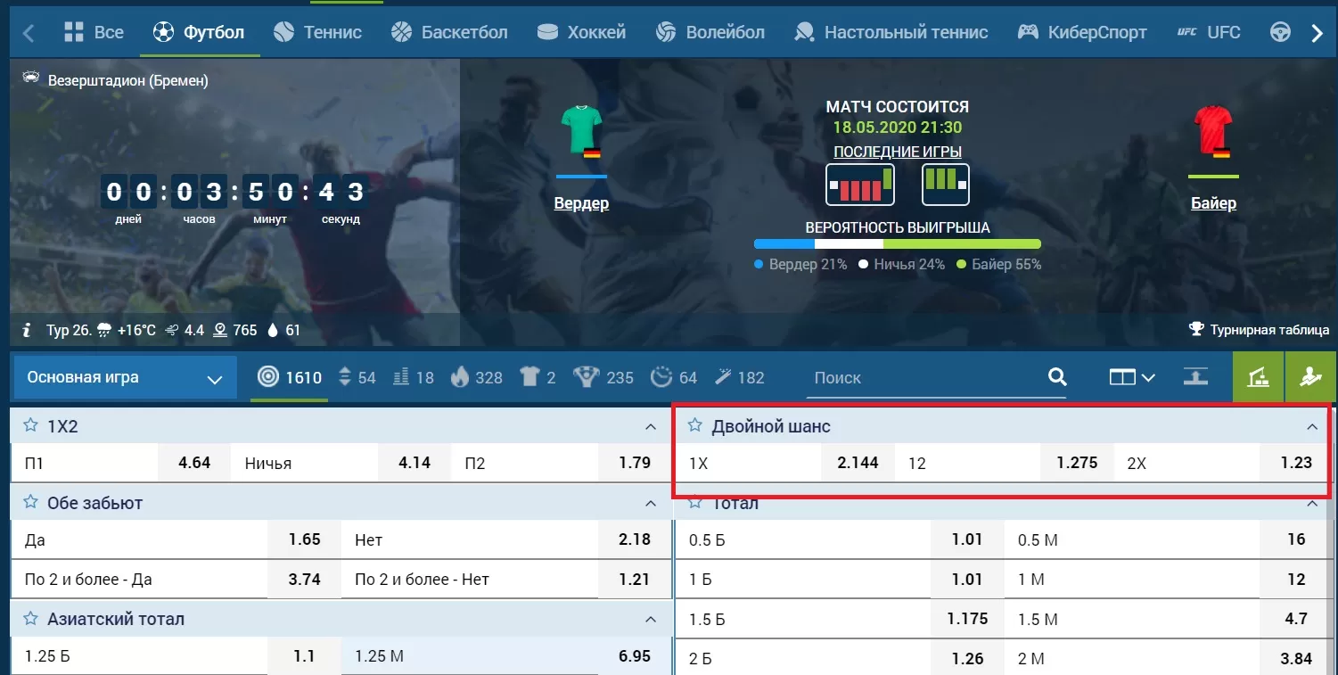 Двойной шанс в 1х бет