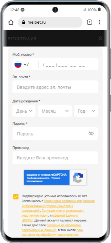 Анкета при регистрации с мобильного телефона в БК Мелбет