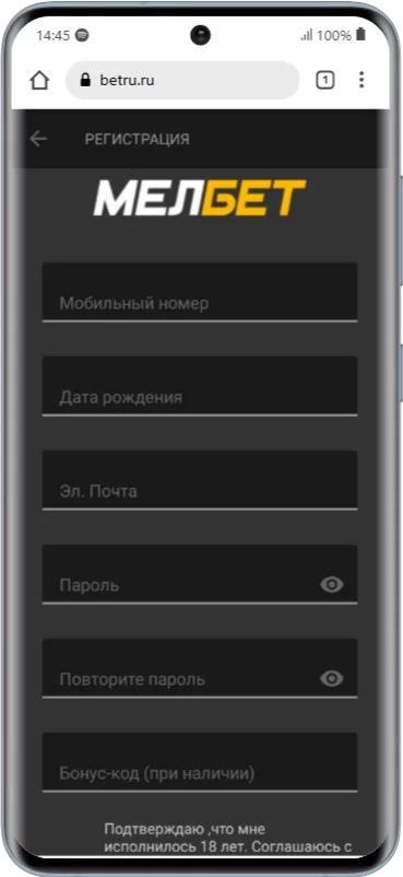Регистрационная анкета в мобильном приложении Мелбет