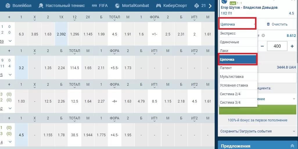 Ставки цепочкой на сайте 1xbet