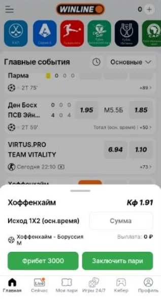 Заключение пари в мобильной версии Винлайн