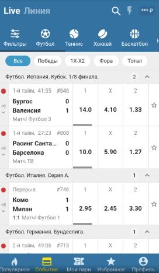 Пример линии в официальной мобильной версии сайта Бетсити