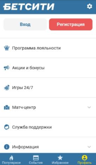 Профиль в мобильной версии Бетсити