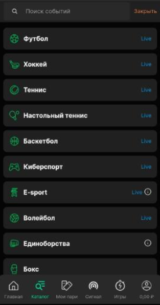 Линия в мобильной версии Лиги Ставок
