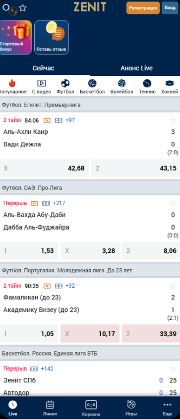 Главная страница приложения Зенит