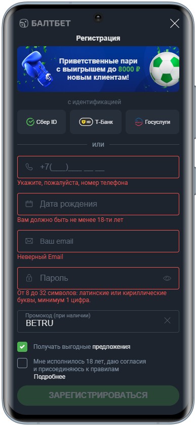 Как заполнить анкету регистрации в мобильной версии Балтбет