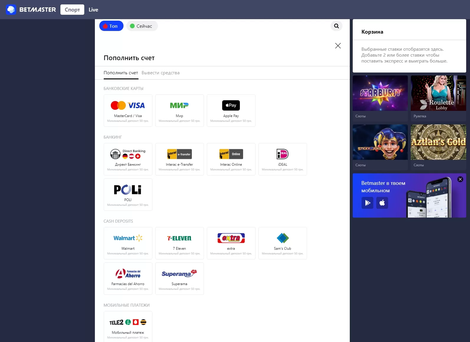Платежи в БК Бетмастер