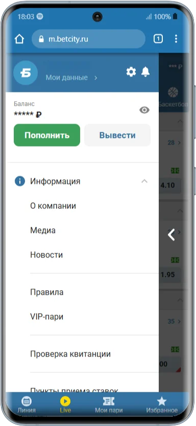 Раздел информации на адаптированном сайте Betcity