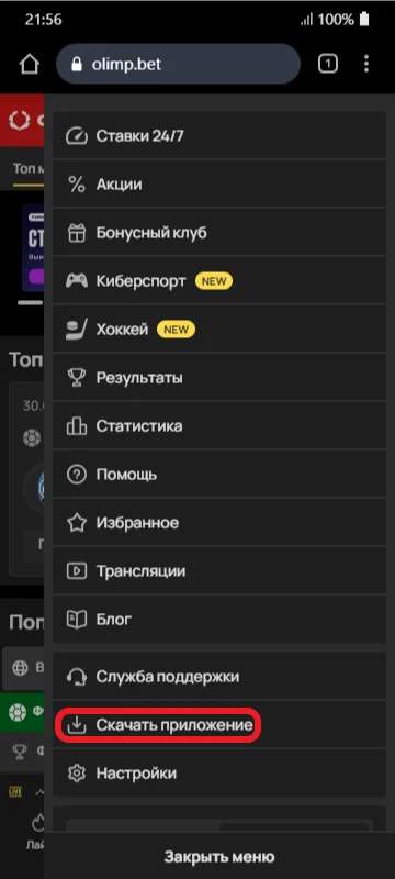 Настройки в Олимпбет