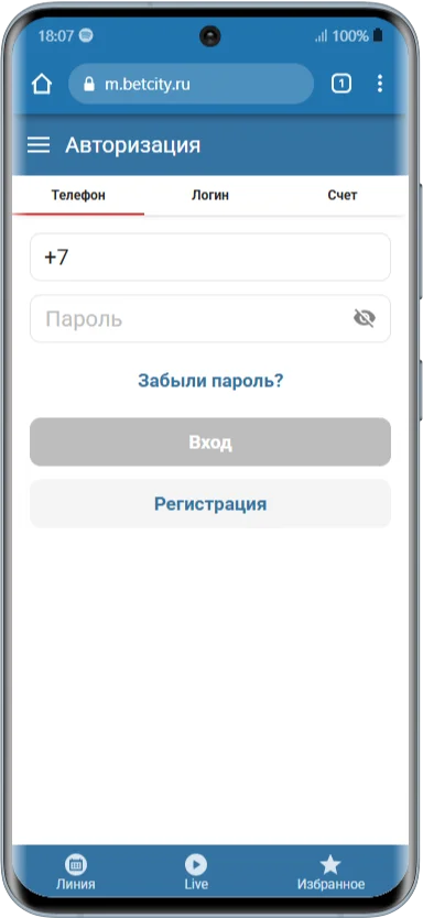 Авторизация в мобильной версии БК Betcity