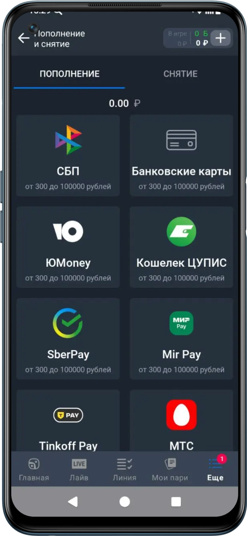 Пополнение и вывод средств в приложении Балтбет