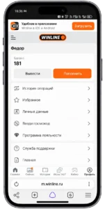 Меню мобильной версии Винлайн