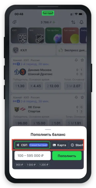 Подтверждение пополнения в Лиге Ставок