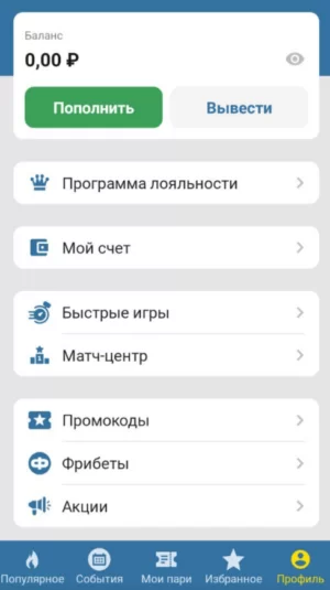 Основное меню в приложении букмекерской конторы Бетсити для Андроид