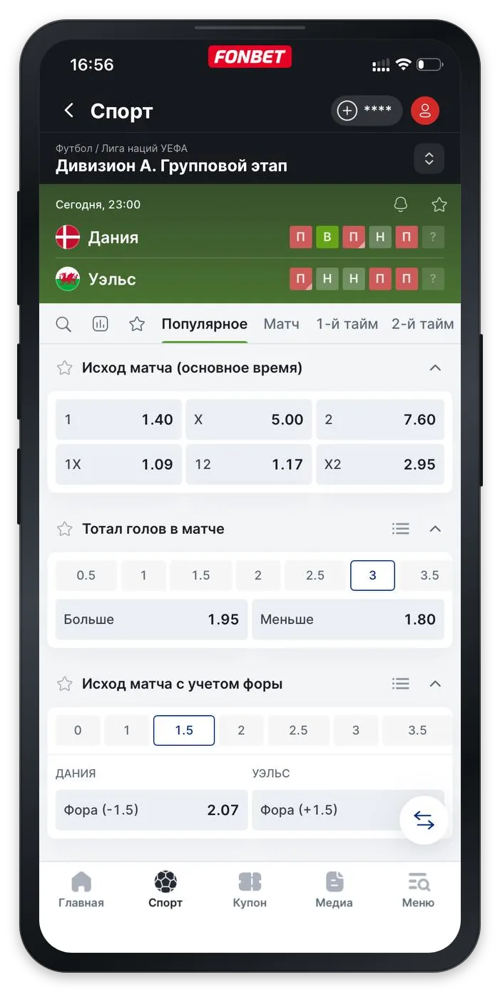 Роспись матча БК Фонбет