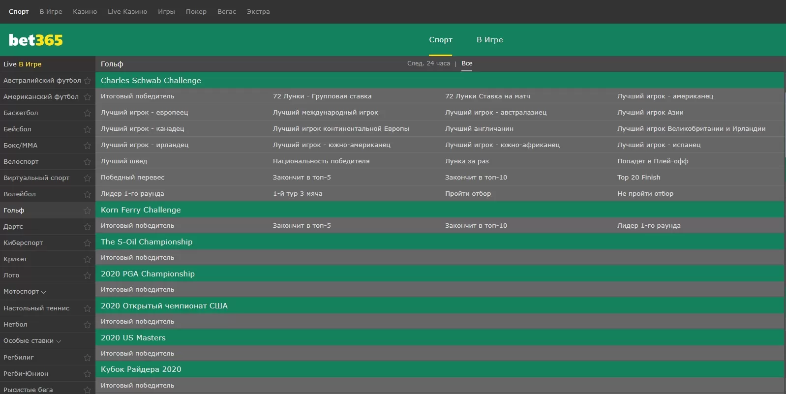 Ставки на гольф в 365 Bet онлайн
