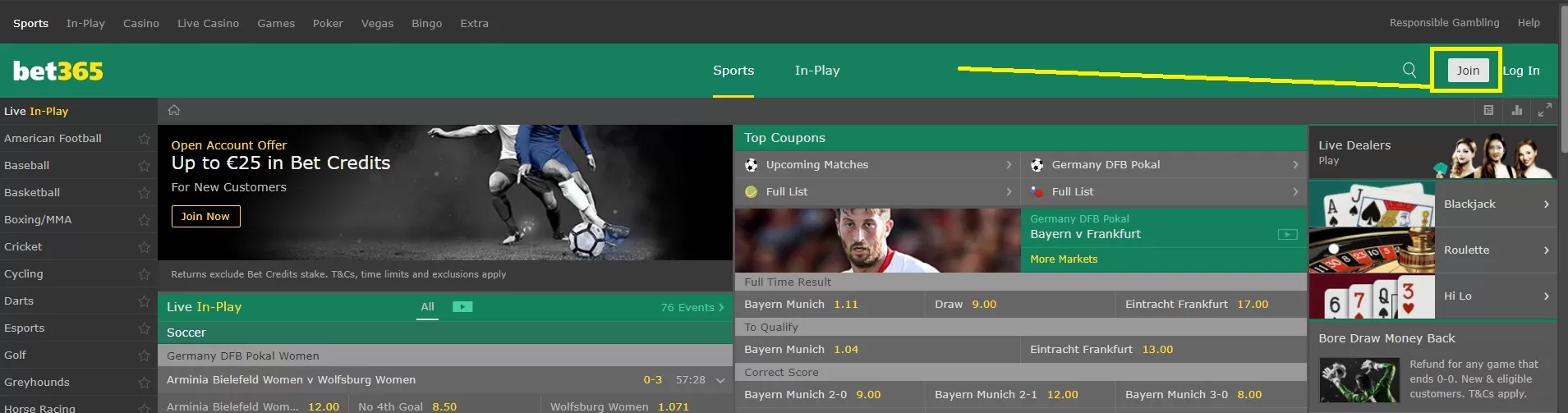 Регистрация в букмекере Бет365