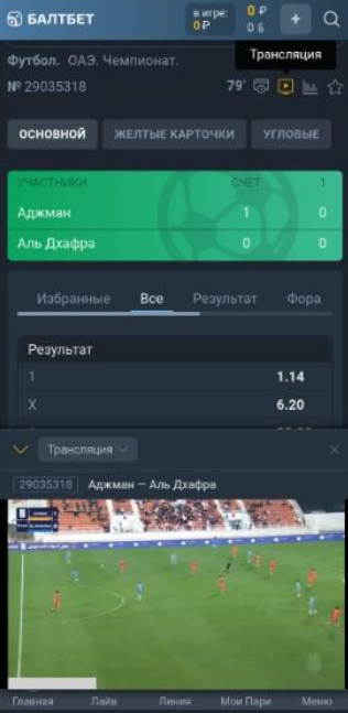 Видеотрансляция в мобильной версии Балтбет