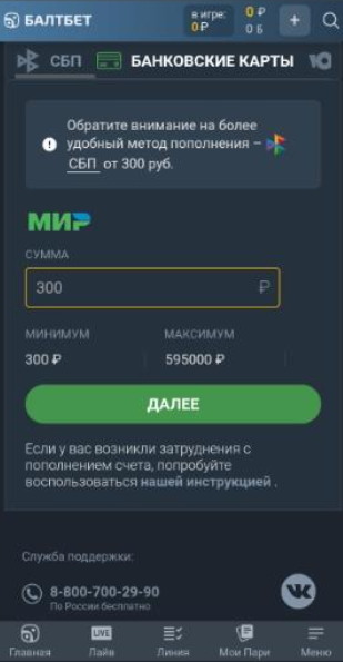 Пополнение и вывод денег в мобильной версии Балтбет