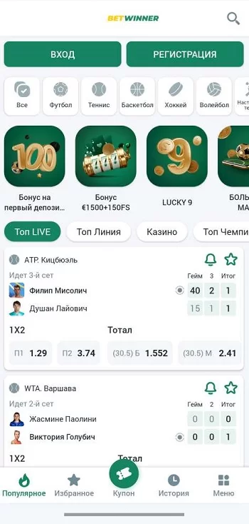 Интерфейс приложения БК Betwinner для iPhone (iOS)