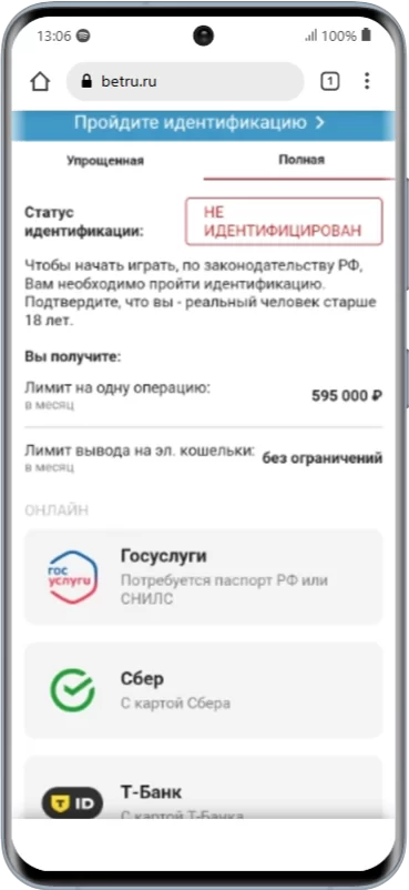 Идентификация в приложении Бетсити