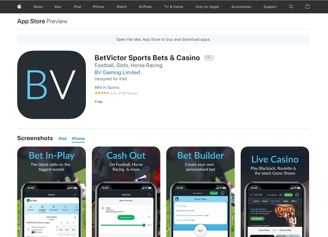 Приложение букмекера BetVictor для iPhone (iOS) в App Store