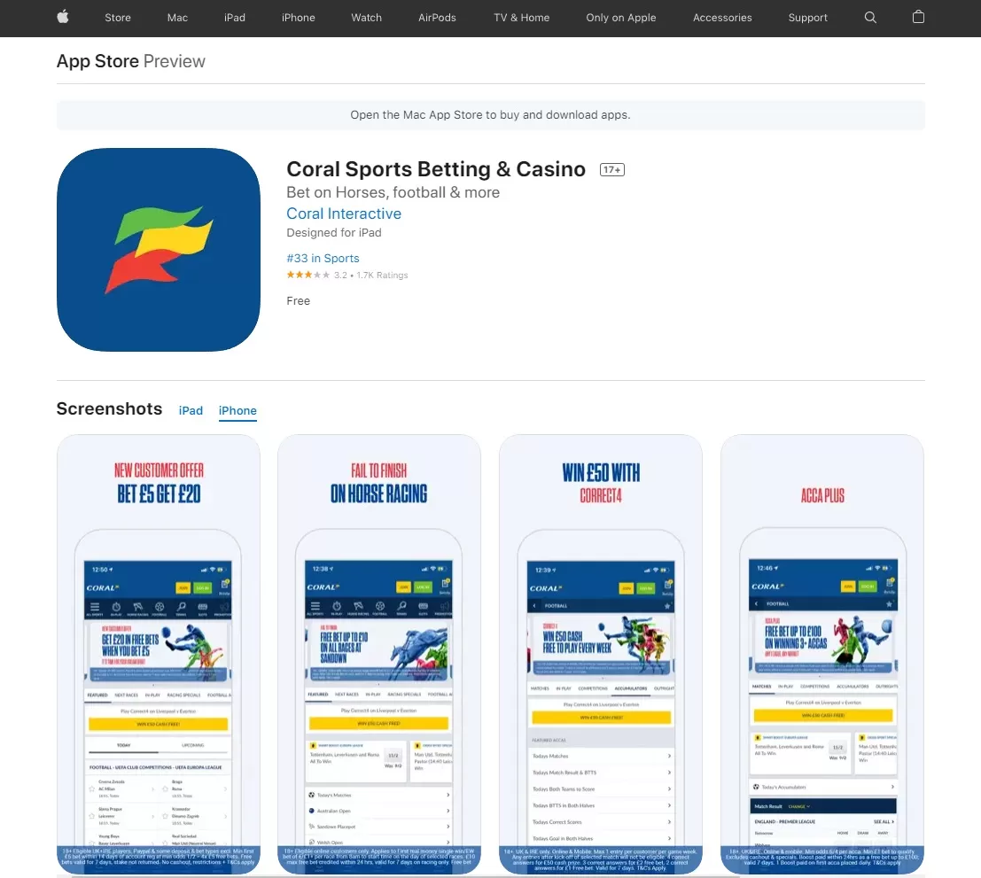 Приложение букмекера Coral для iPhone (iOS) в App Store