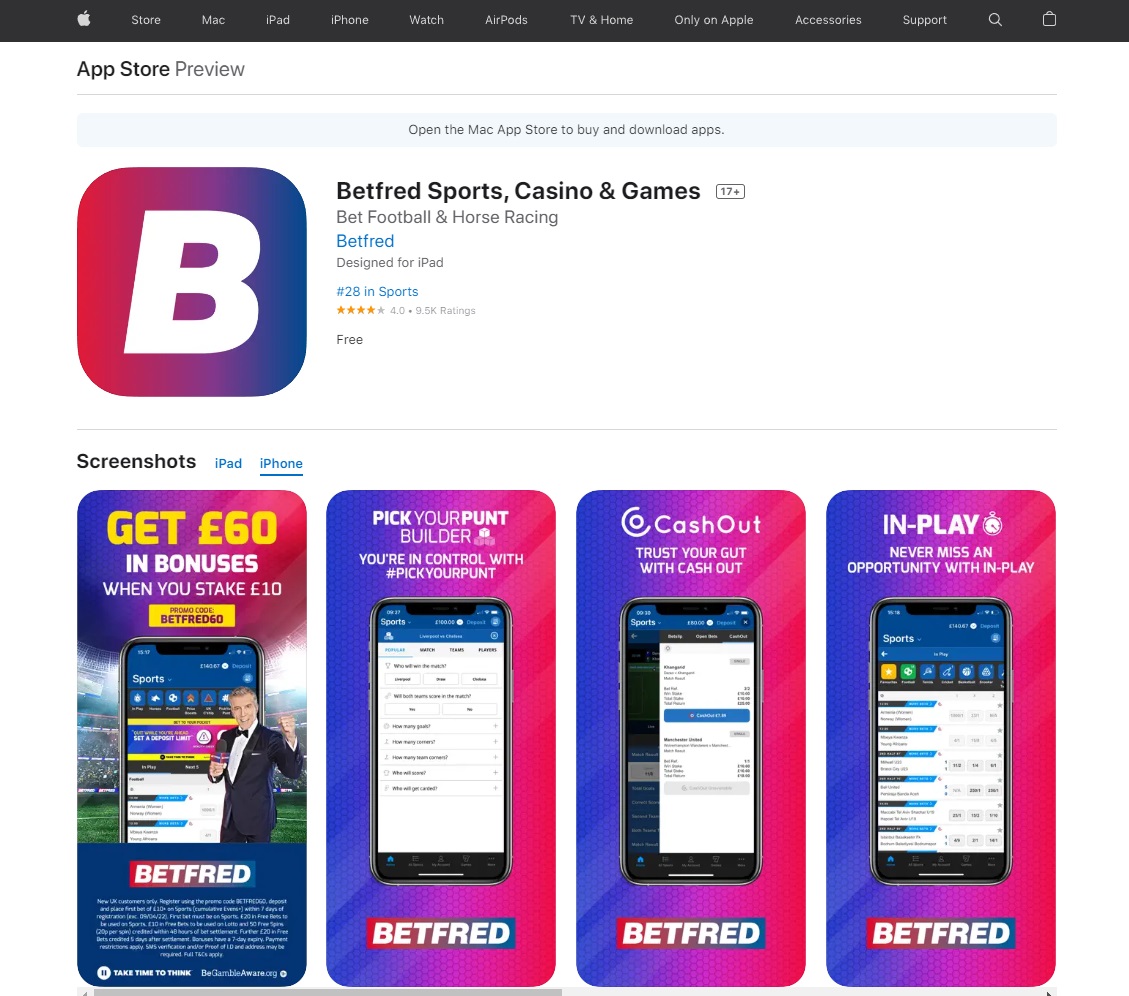 Приложение букмекера Betfred для iPhone (iOS) в App Store