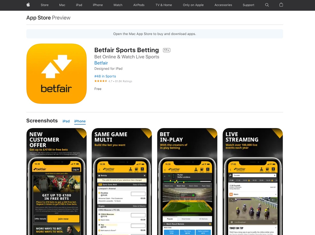 Приложение букмекера Betfair для iPhone (iOS) в App Store