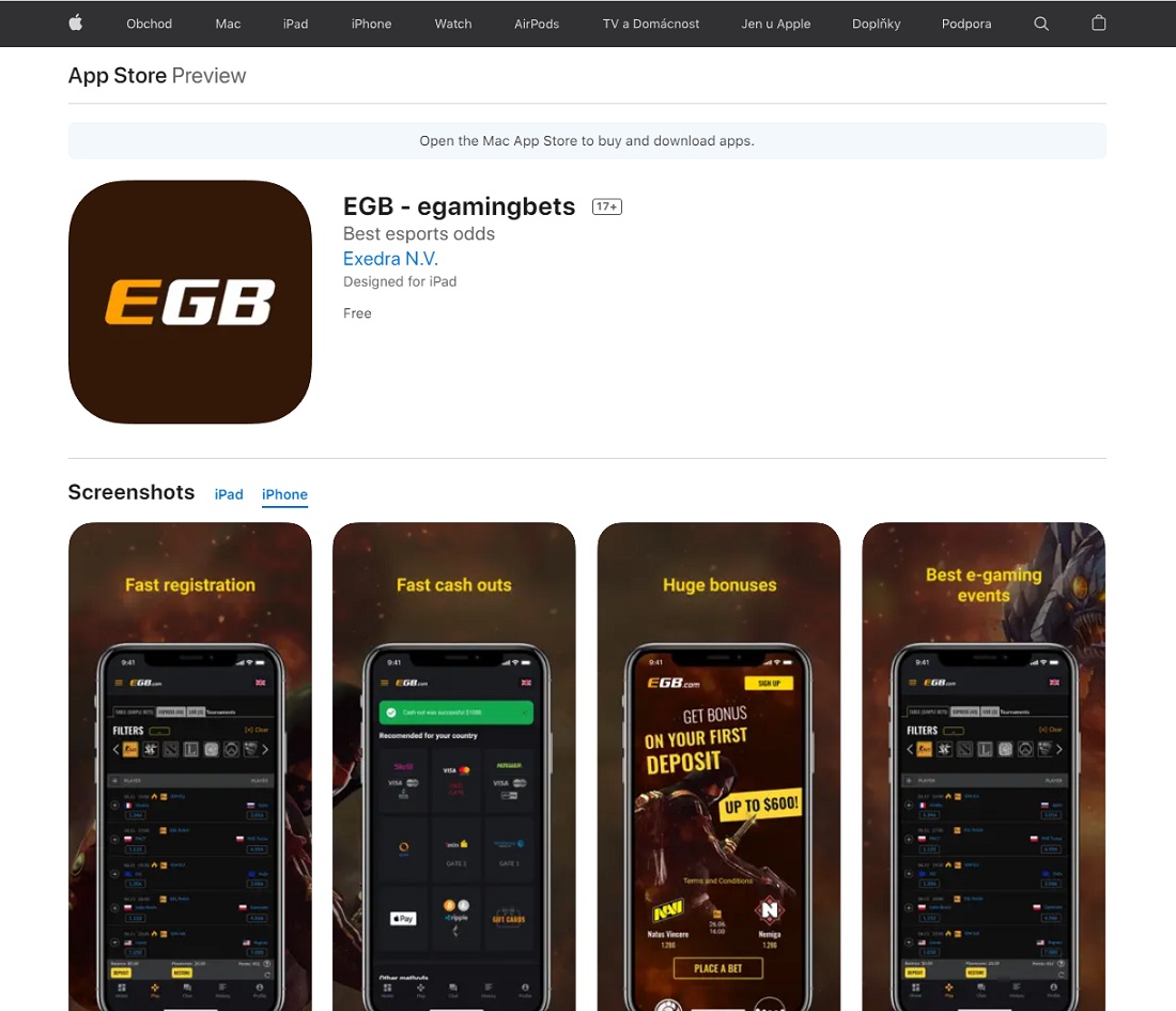 Приложение букмекера EGB для iPhone (iOS) в App Store
