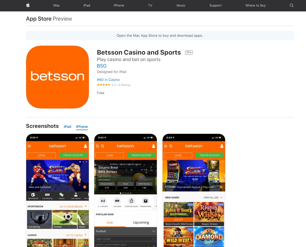 приложение Betsson для iOS