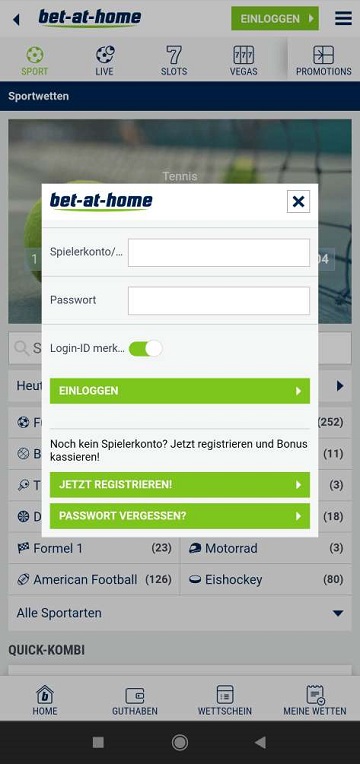 Интерфейс регистрации в приложении букмекерской конторы Bet-at-Home для Андроид