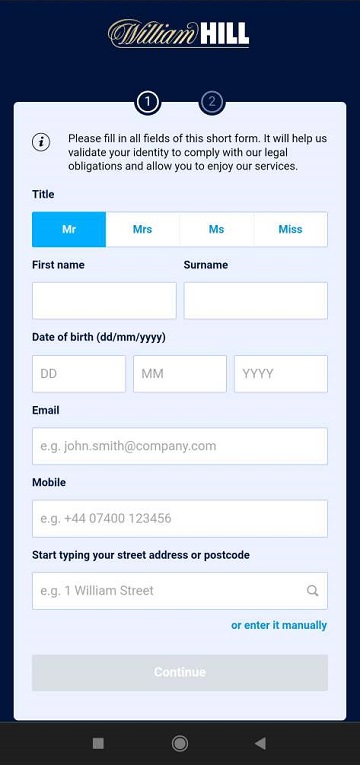Интерфейс регистрации в приложении букмекерской конторы William Hill для Андроид