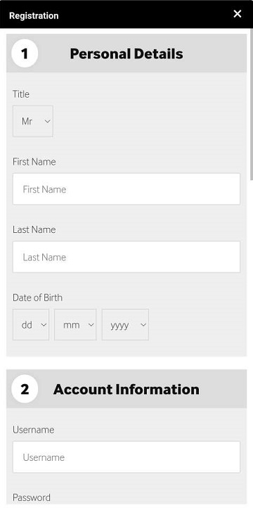Интерфейс регистрации в приложении букмекерской конторы Betway на Айфон