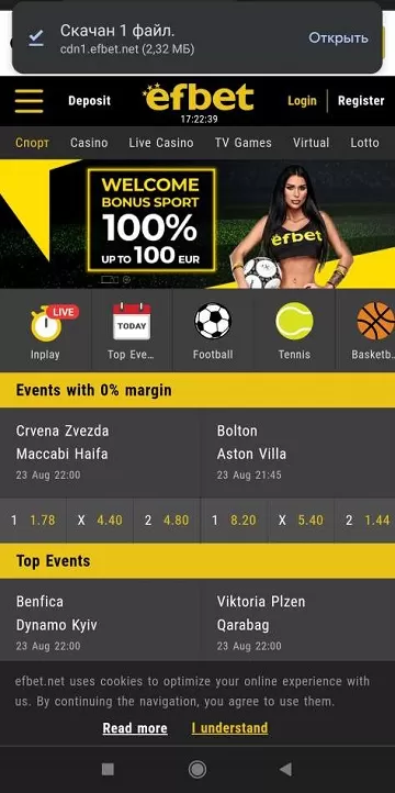 Интерфейс приложения БК efbet на Android