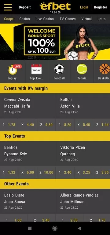 Интерфейс efBet android