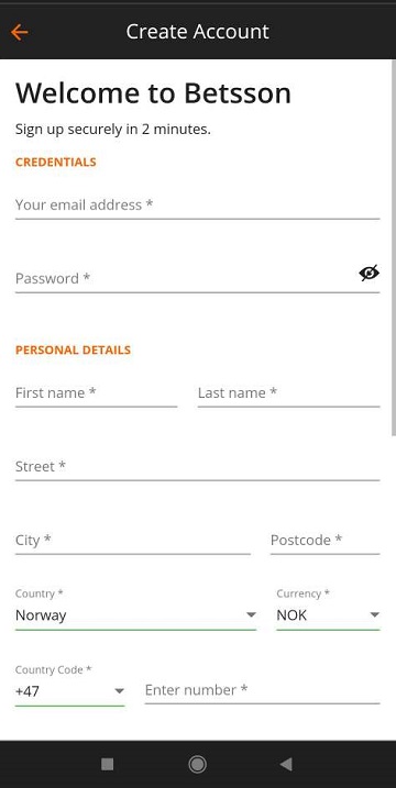 Интерфейс регистрации в приложении букмекерской конторы Betsson для Андроид