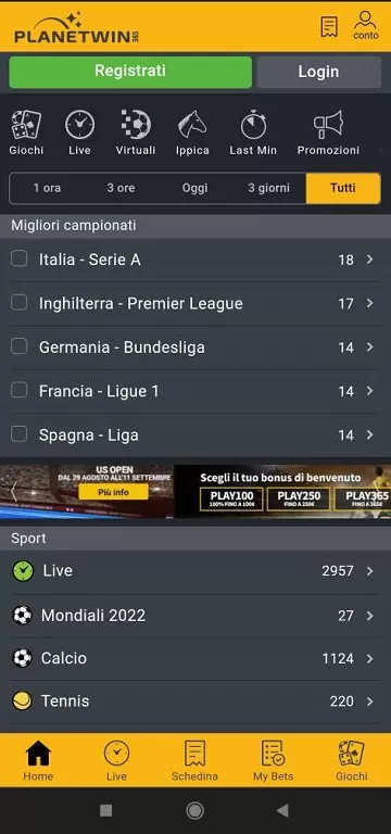 Интерфейс линии ставок в приложении БК PlanetWin365 на Android