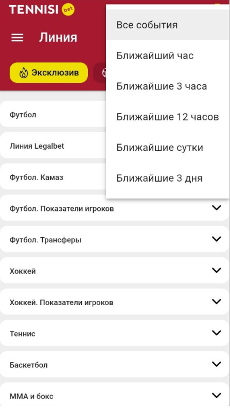 Меню поиска в приложении Тенниси на Айфон