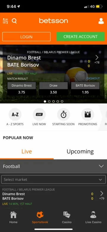 Интерфейс регистрации в приложении букмекерской конторы Betsson на Айфон