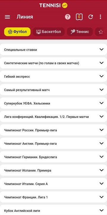 Интерфейс приложения БК Тенниси для iPhone (iOS)