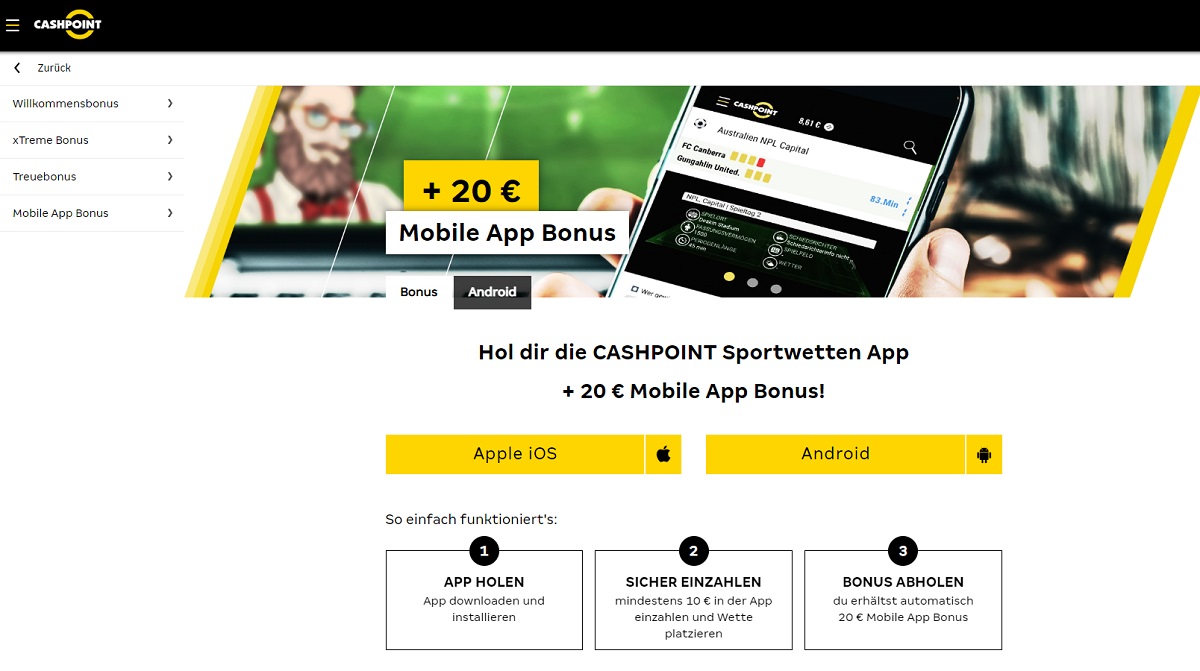 Страница сайта БК Cashpoint с загрузкой приложения на Андроид