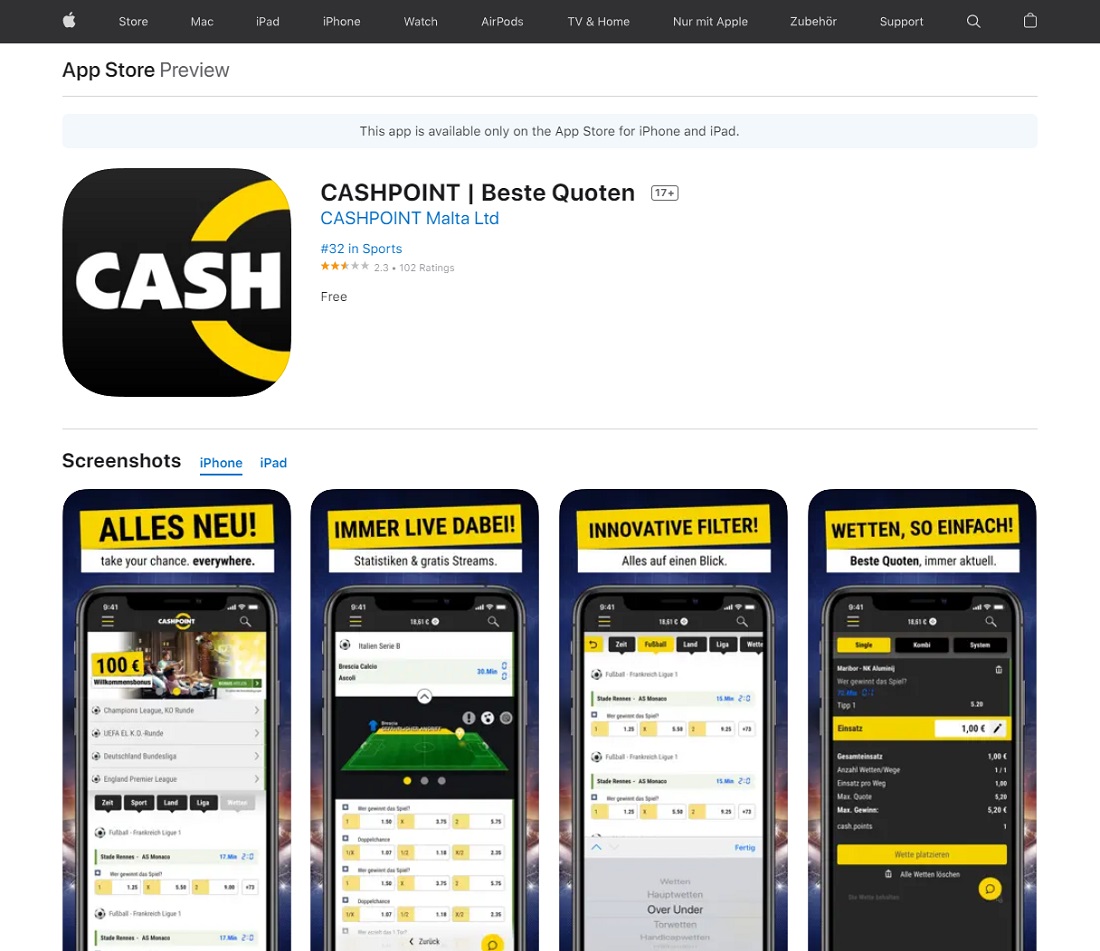 Приложение букмекера Cashpoint для iPhone (iOS) в App Store