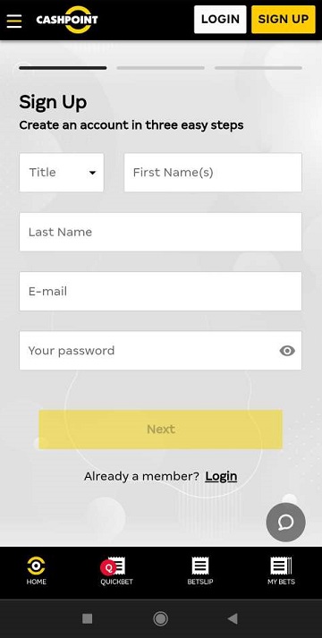 Интерфейс регистрации в приложении букмекерской конторы Cashpoint для Андроид