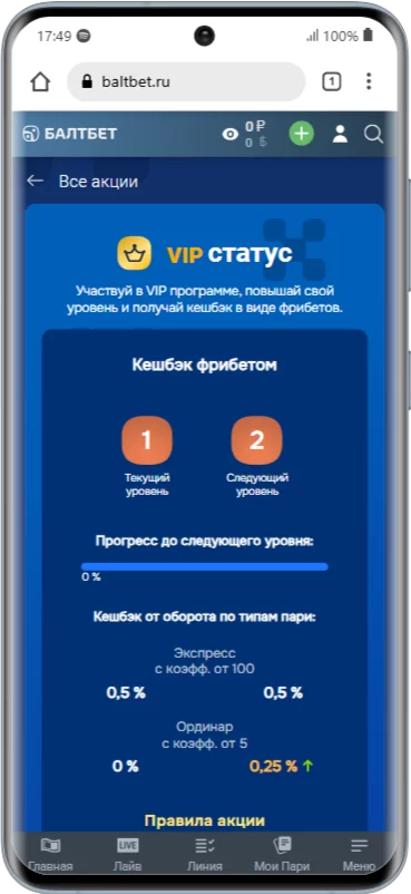 Вип Статус в Балтбет - кешбхк