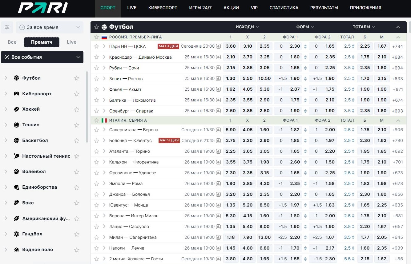 Прематч линия ставок в Пари