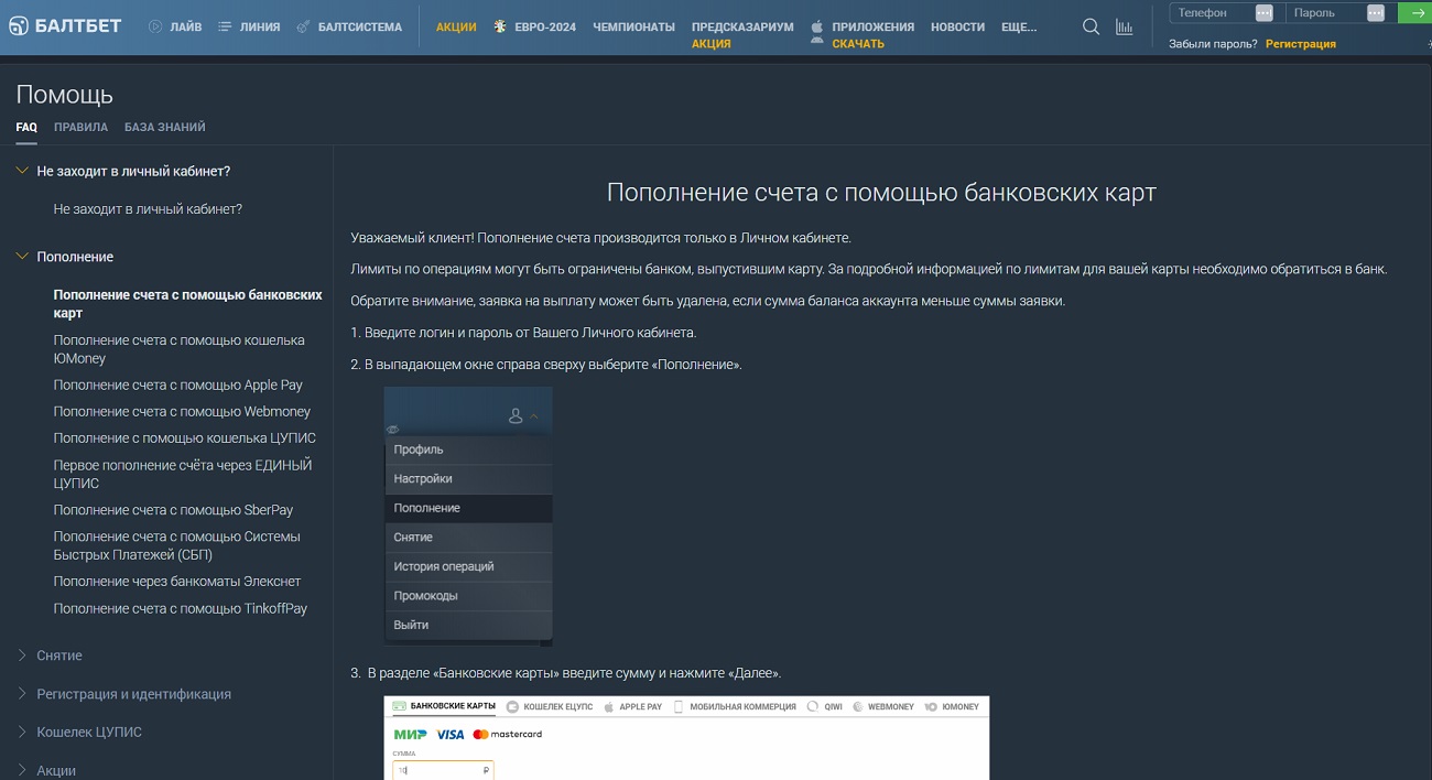 Способы пополнения депозита БК Балтбет