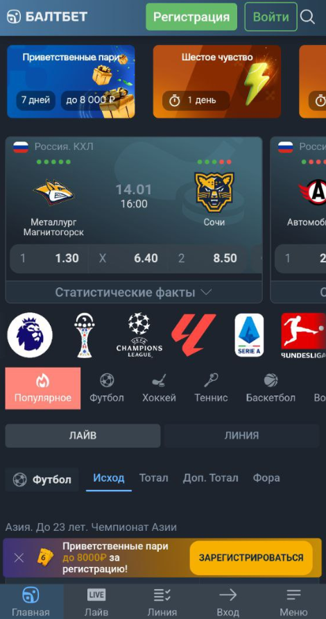 Главная страница приложения Балтбет